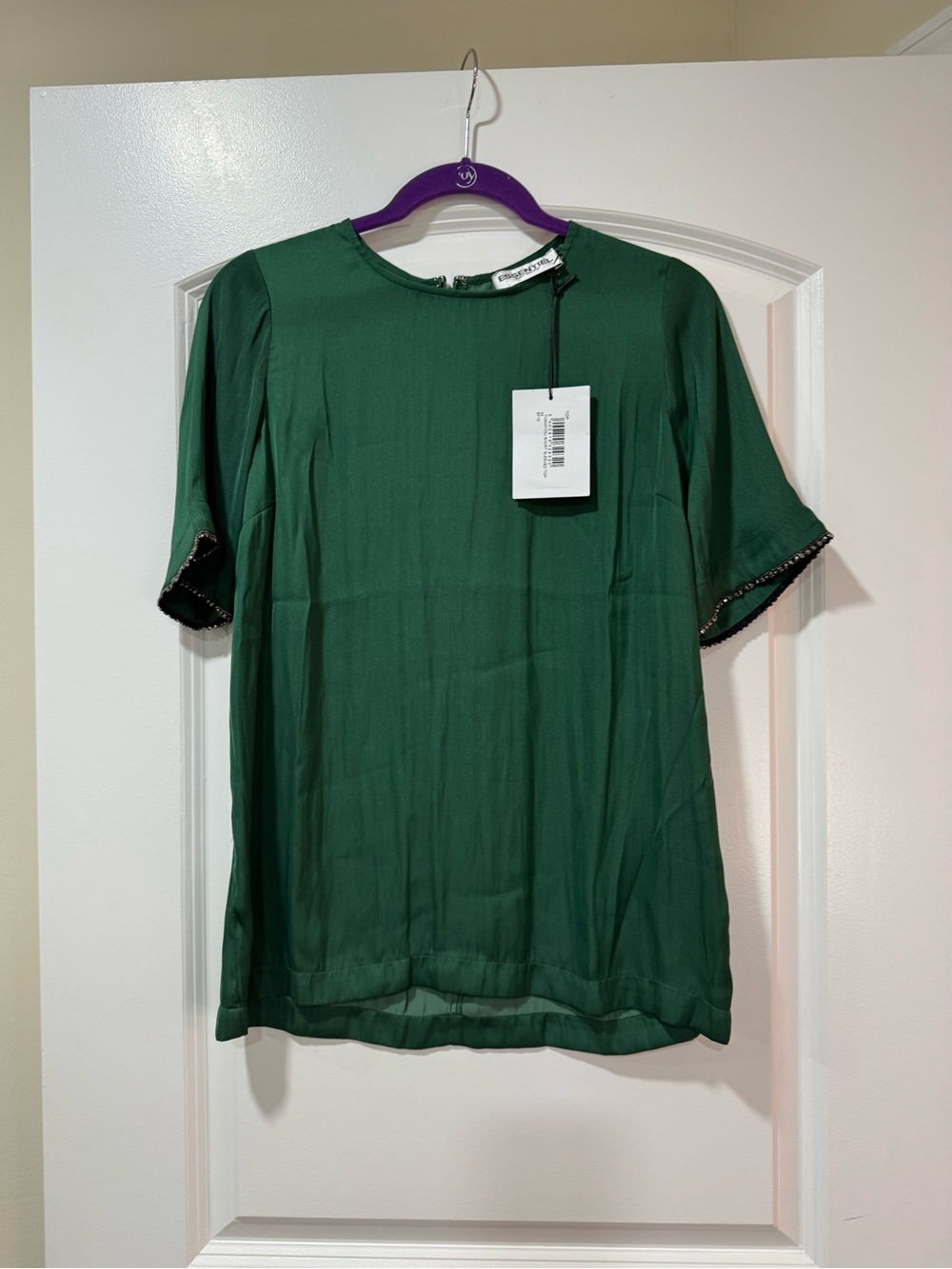 Essentiel Antwerp Beaded-Trim Green Short Sleeve Blouse